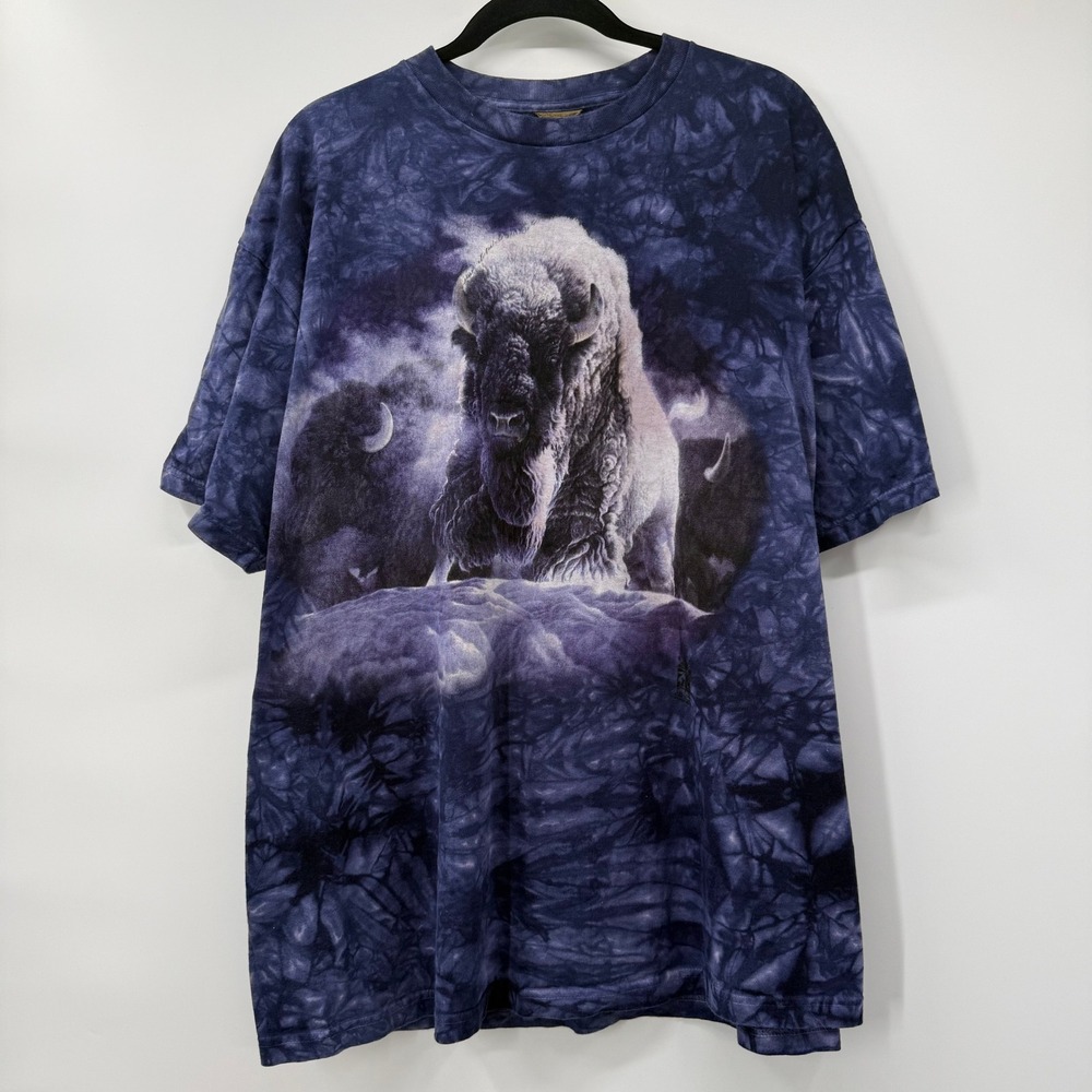 The Mountain Mens 2XL Shirt Vintage 90s Purple Tie Dye Buffalo Bison Graphic